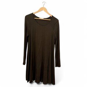 Lush Olive Green Long Sleeve Swing Dress Scoop Neckline Pullover Stretch Size L